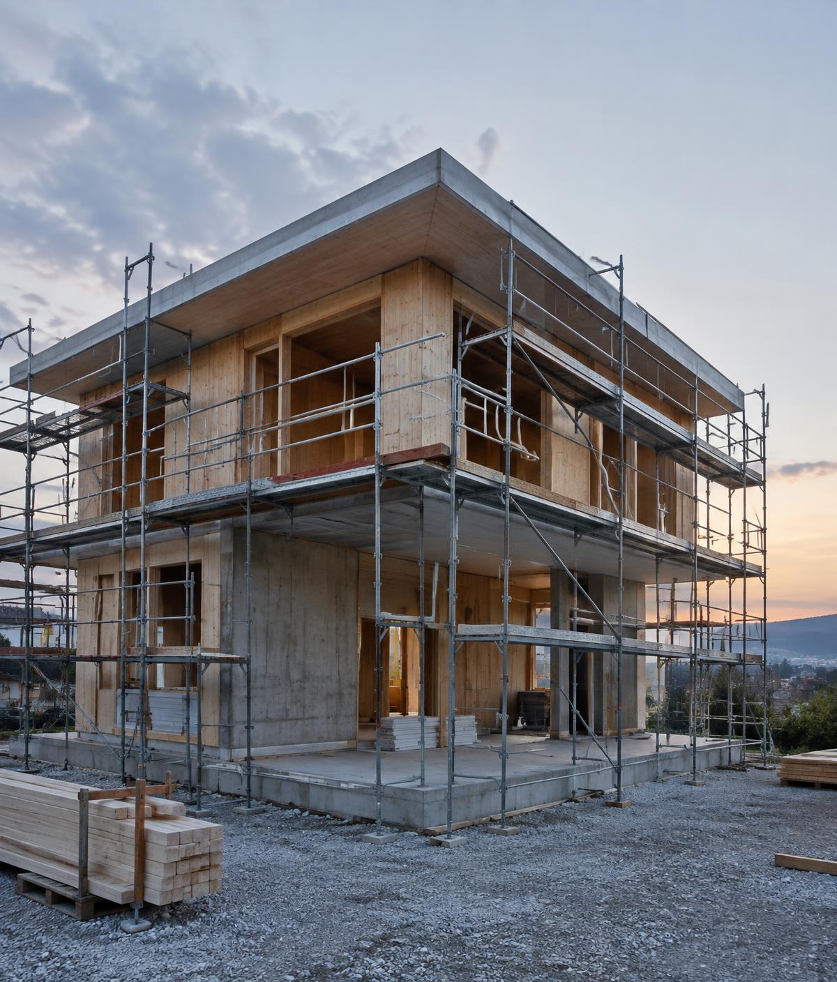 Rohbau eines modernen Wohnhauses aus Holz und Beton mit Gerüst