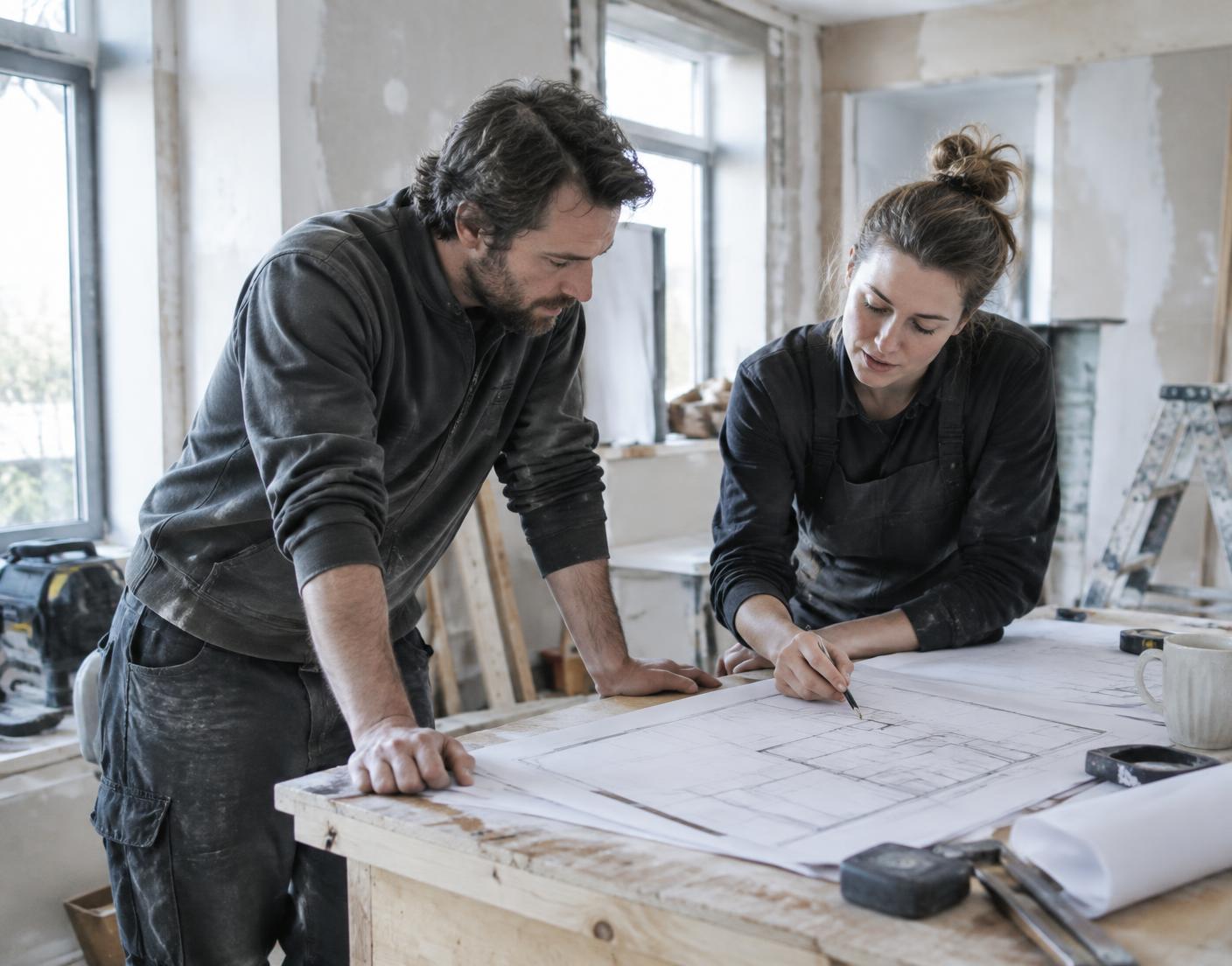 Zwei Handwerker besprechen Baupläne an einer Werkbank